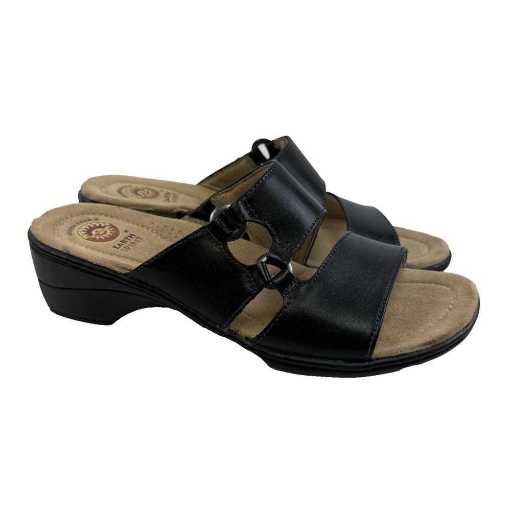 Earth Spirit Lissa Sandal Slide Wedge Black Leather Gelron 2000 Comfort Womens 9